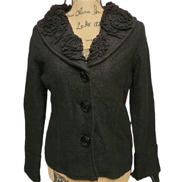 Marisa Christina Boil Wool Black Floral Neck Design Jacket Size Petite Small - Picture 2 of 9